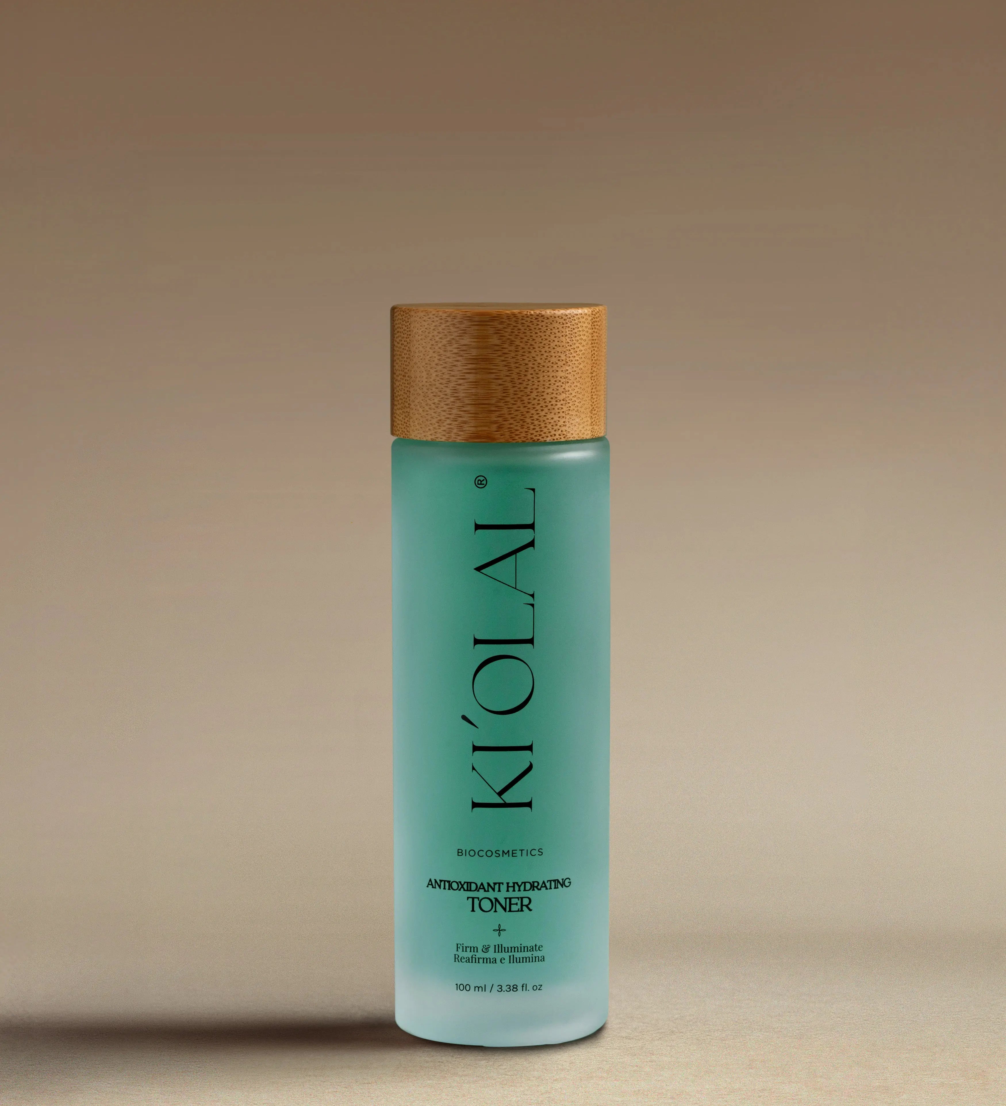Close-up of KI'OLAL Toner bottle with bamboo cap, highlighting hydration