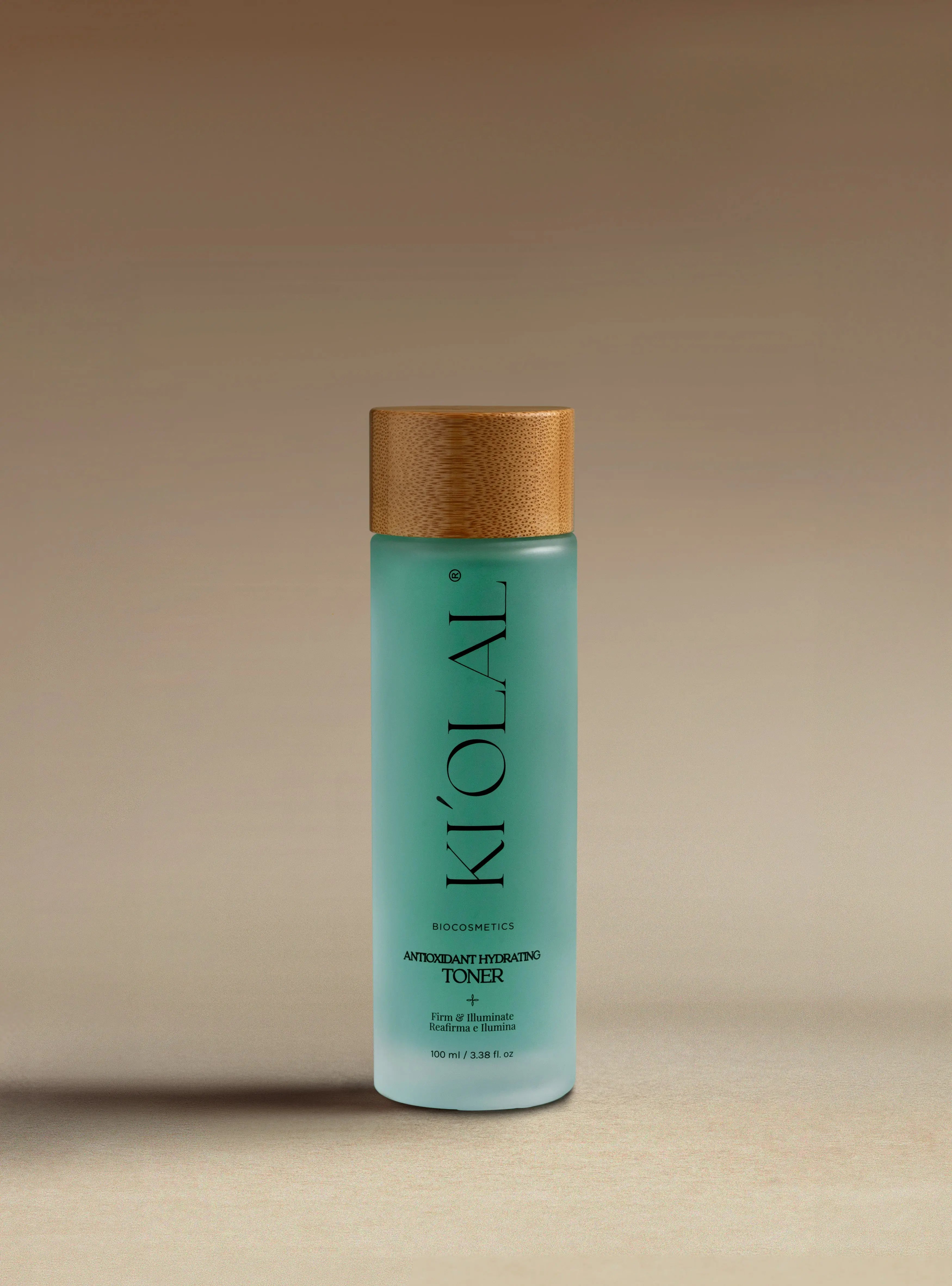 Close-up of KI'OLAL Toner bottle with bamboo cap, highlighting hydration