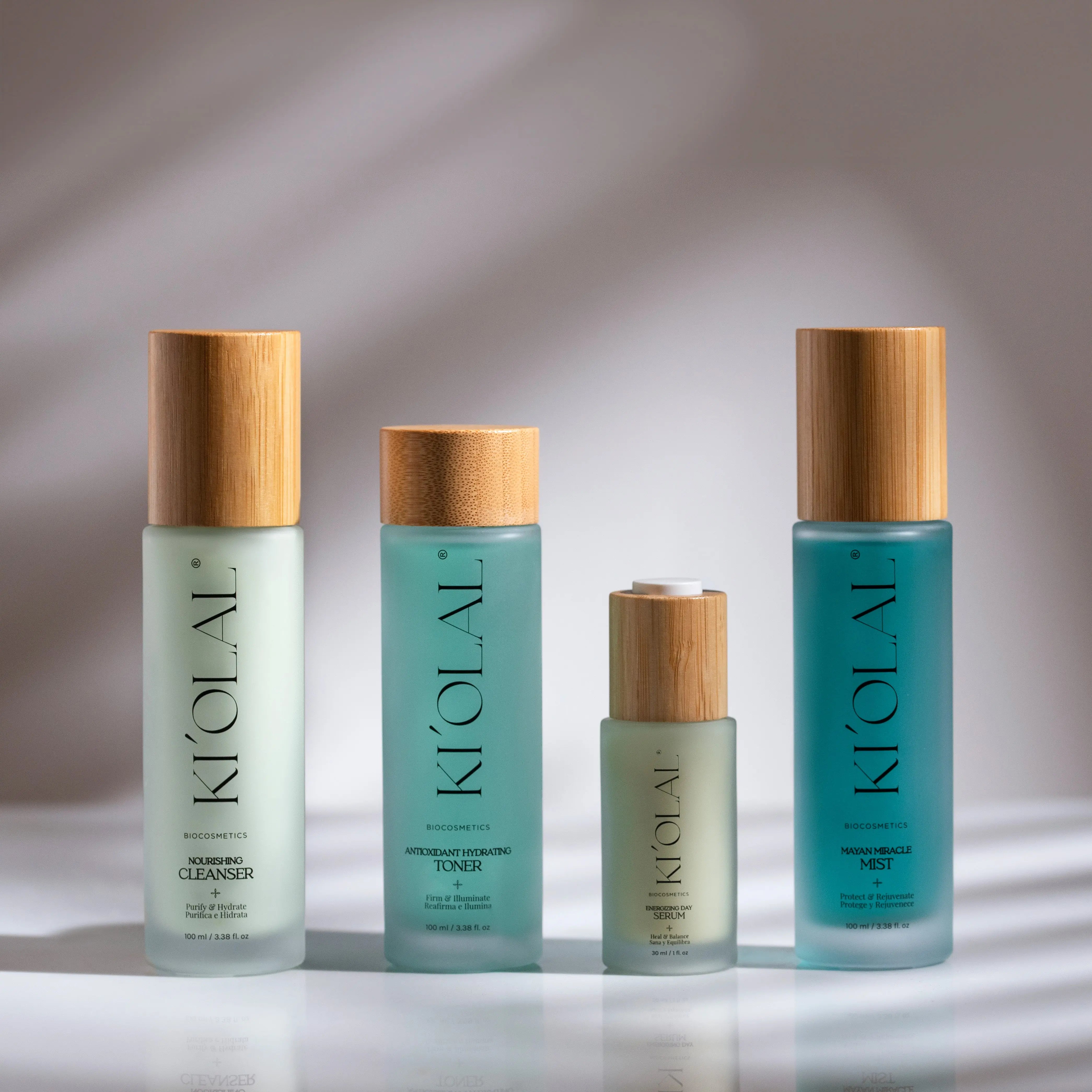 KI'OLAL skincare products elegantly displayed at close up