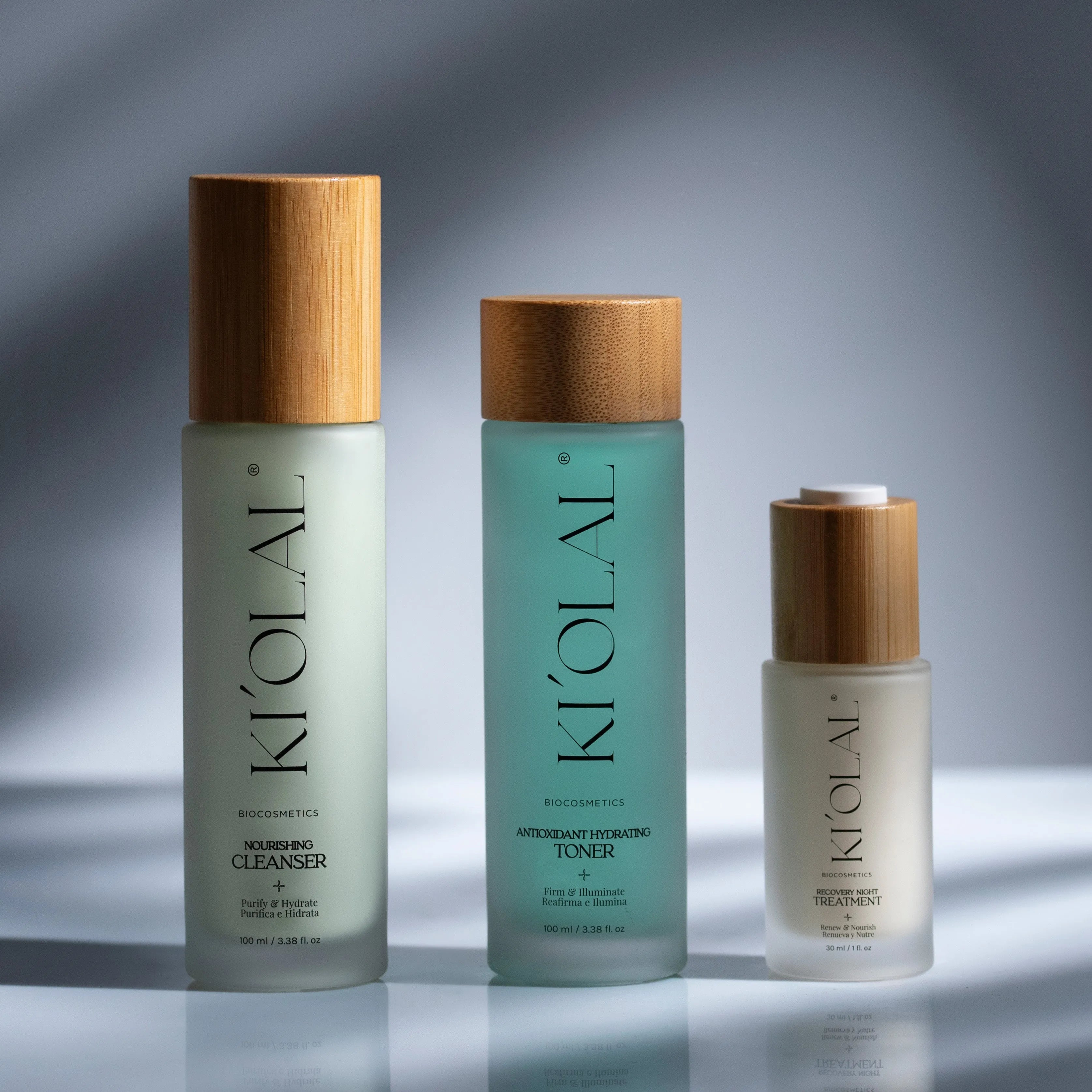 Close-up of KI'OLAL Toner, Cleanser and Night Serum - Night-focused ritual set