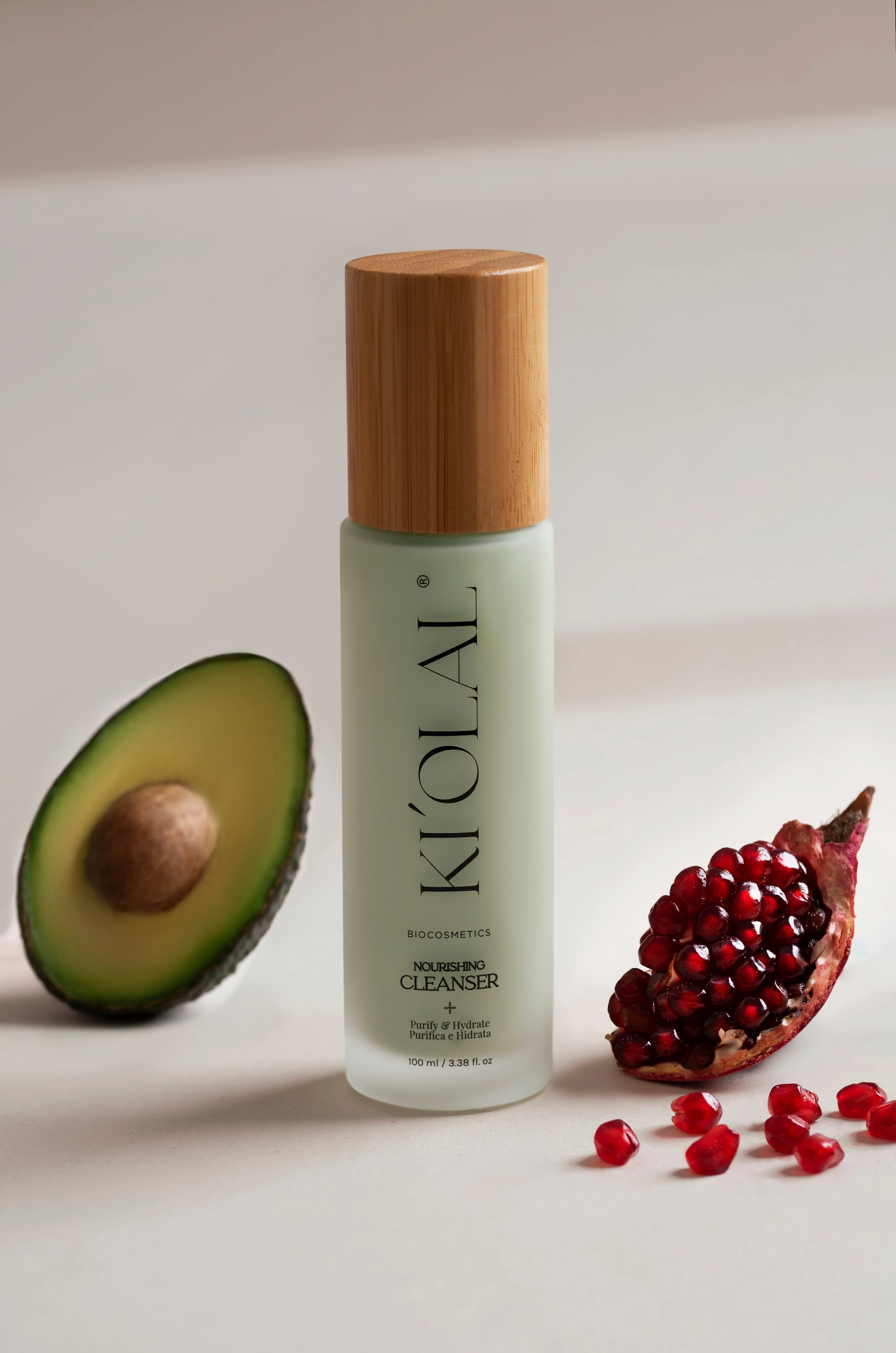 KI'OLAL Cleanser with avocado and pomegranate, antioxidant-rich formula