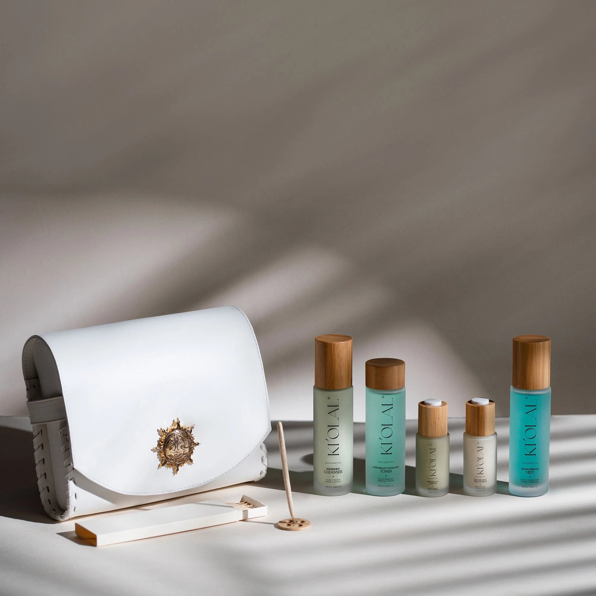 KI'OLAL skincare set with cactus leather bag and incense